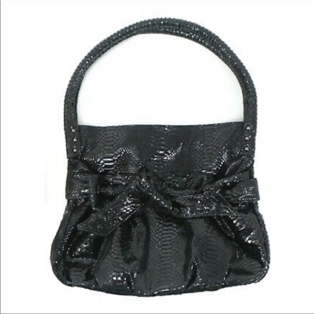 NWOT PERLINA BLACK SNAKESKIN EMBOSSED Hobo Bag w/Bow Sash